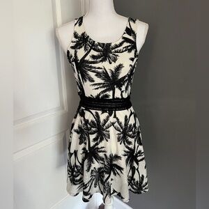 charlotte russe white dress with black palm trees and a mesh ‘belt’ the waist